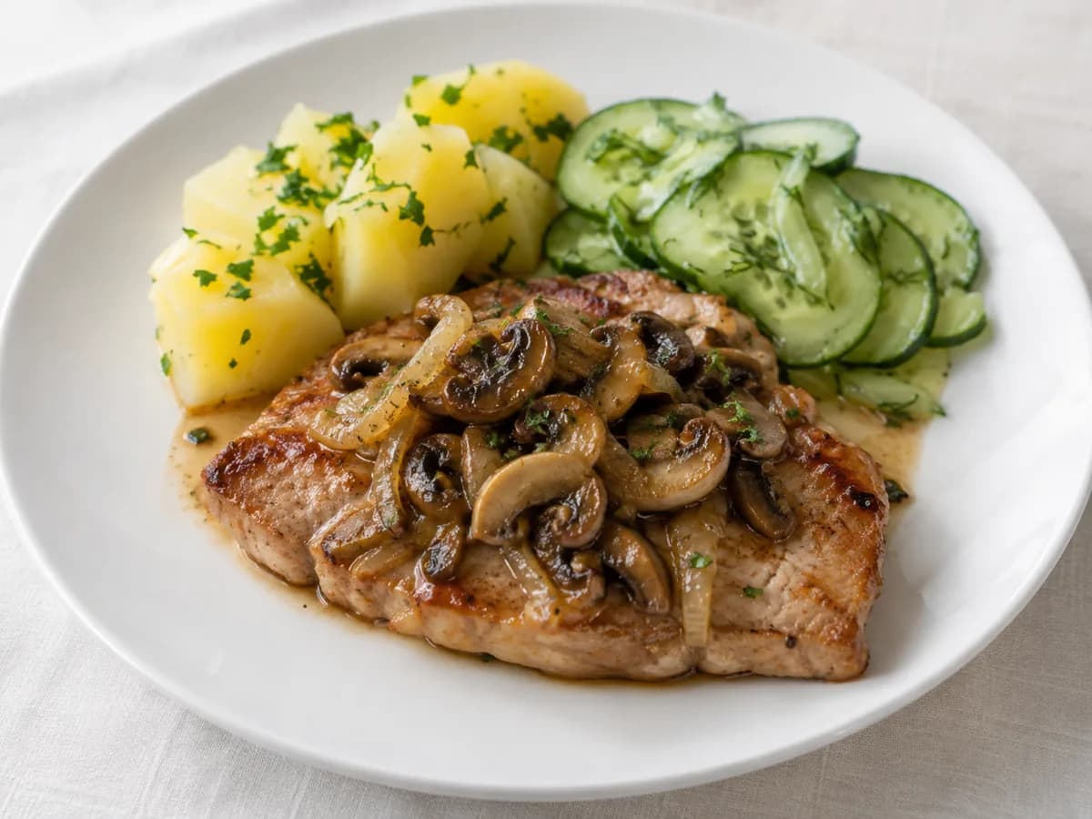 Sznycel ze schabu soute z pieczarkami
